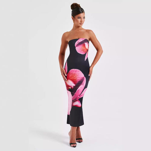 Women's Strapless Floral Backless Maxi Dress