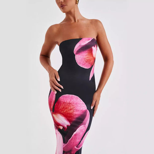 Women's Strapless Floral Backless Maxi Dress