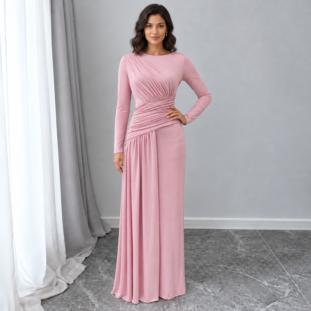 Women's Round-Neck Asymmetric Pleated Dress