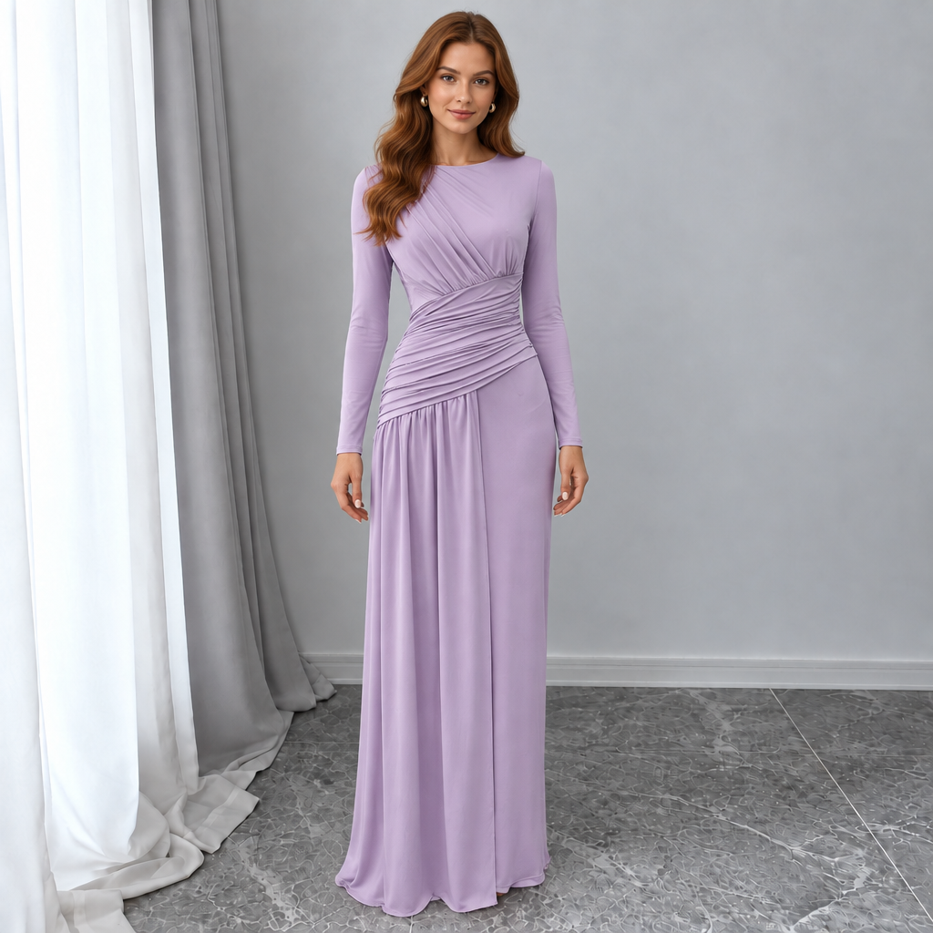 Women's Round-Neck Asymmetric Pleated Dress