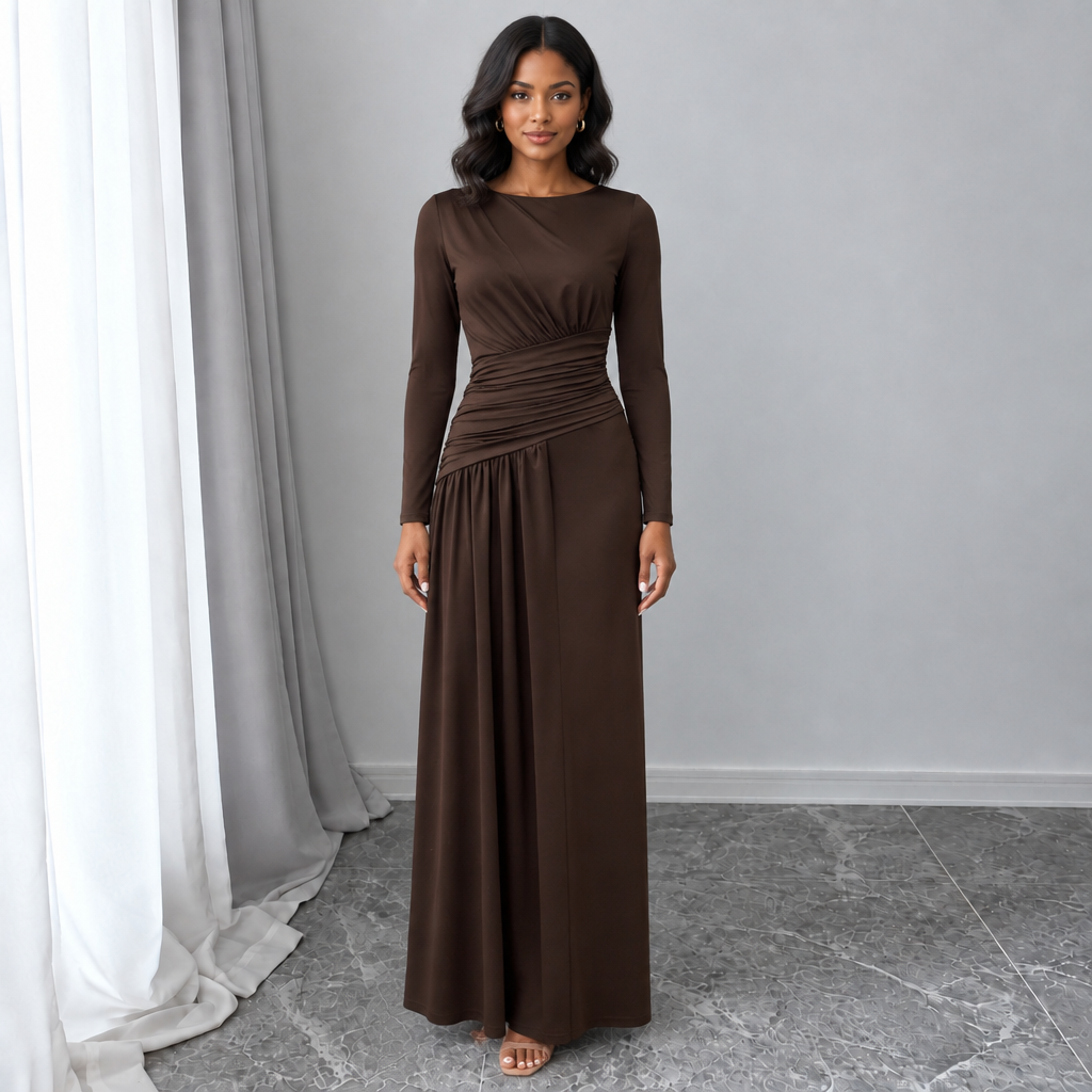 Women's Round-Neck Asymmetric Pleated Dress