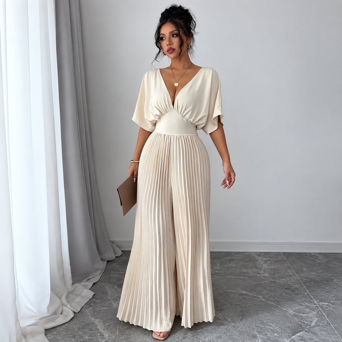 Women's Pleated Wrap-Style Maxi Dress